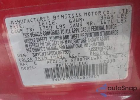 2013 Nissan Versa 1.6 Sv z USA, uszkodzony, nr VIN 3N1CN7AP5DL857509